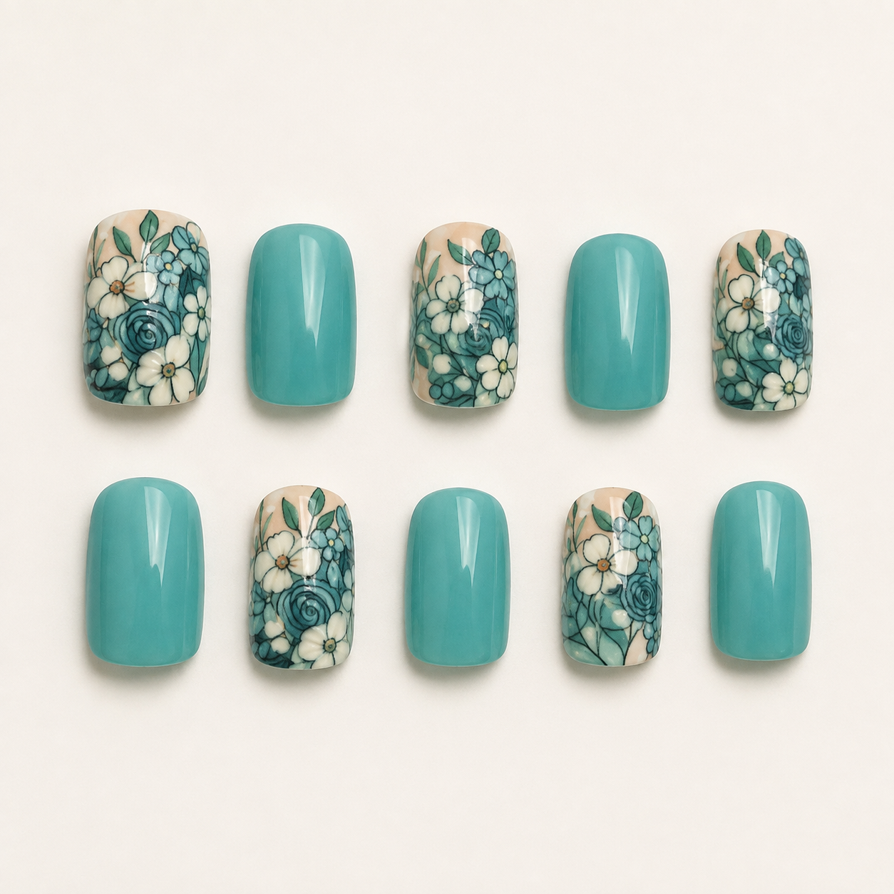 Vintage Teal Botanical Short Square Press-On Nails flat lay