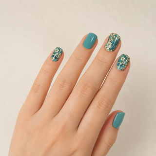 Vintage Teal Botanical Short Square Press-On Nails worn on hand