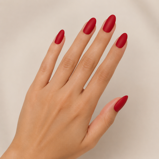 Velvet Crimson Matte Almond Press-On Nails worn on hand