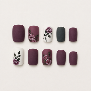 Moody Velvet Rose Short Square Press-On Nails flat lay