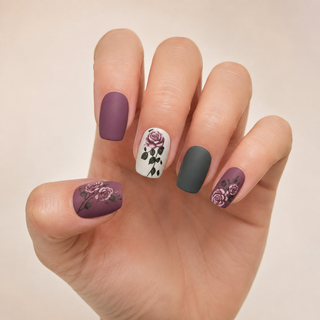 Moody Velvet Rose Short Square Press-On Nails worn on hand
