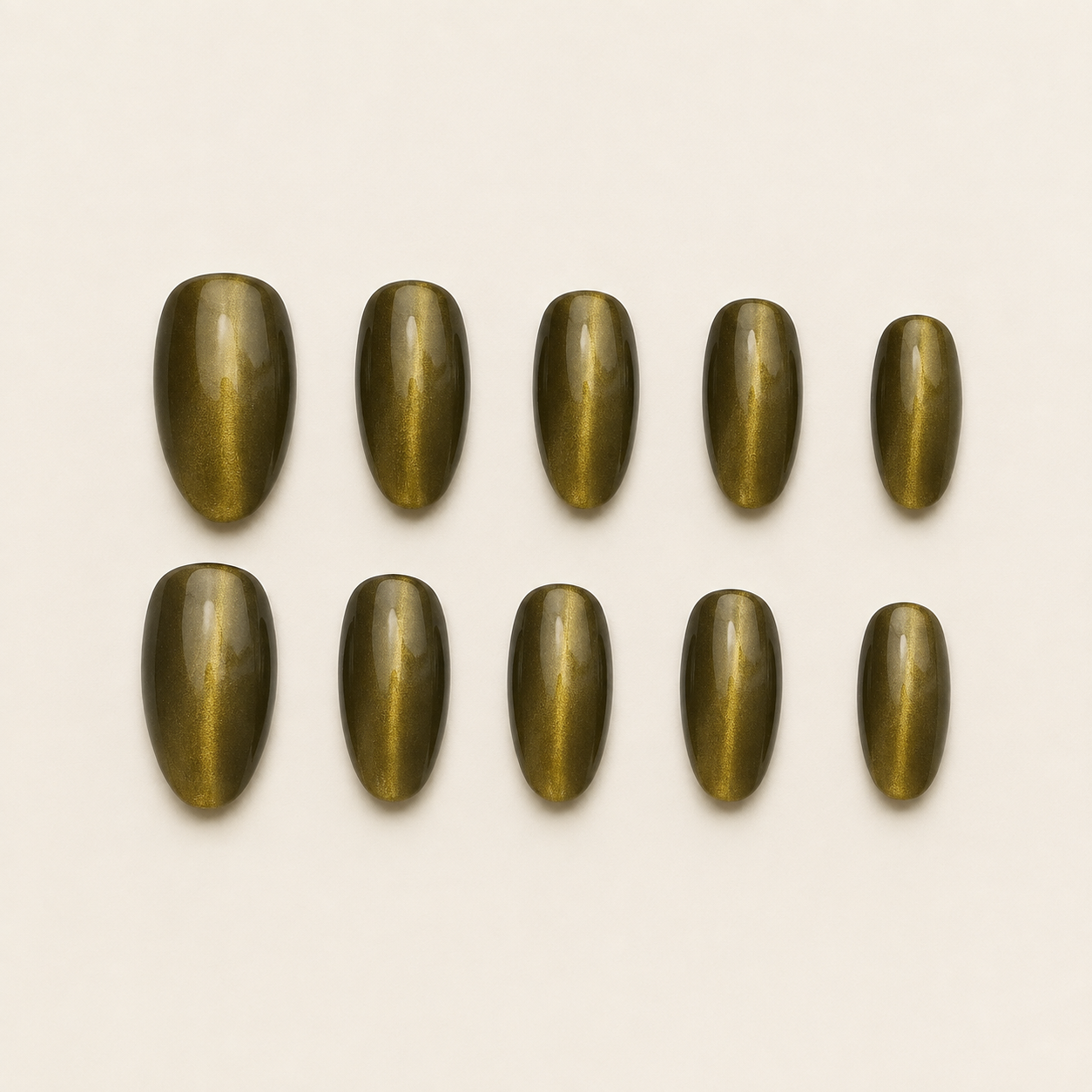 Golden Olive Tiger's Eye Magnetic Almond Press-On Nails flat lay