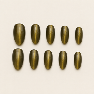 Golden Olive Tiger's Eye Magnetic Almond Press-On Nails flat lay