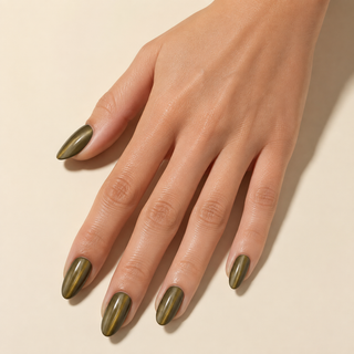 Golden Olive Tiger's Eye Magnetic Almond Press-On Nails worn on hand