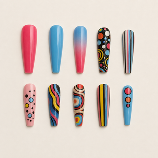 Retro Mod Pop-Art Long Coffin Press-On Nails flat lay