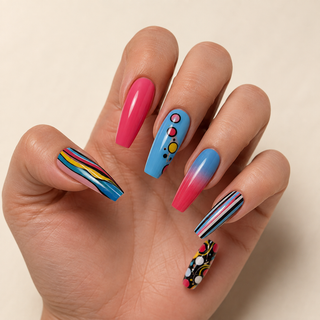 Retro Mod Pop-Art Long Coffin Press-On Nails worn on hand