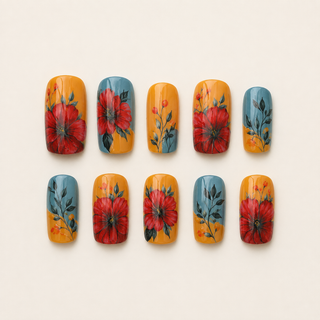 Golden Sunset Hibiscus Medium Square Press-On Nails flat lay
