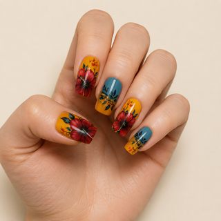Golden Sunset Hibiscus Medium Square Press-On Nails worn on hand