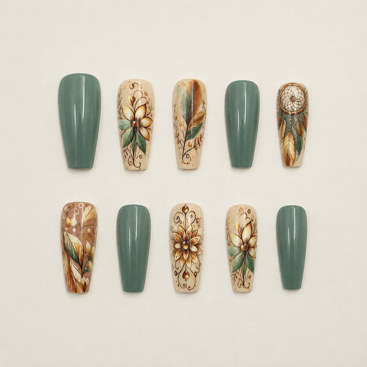 Earthy Sage & Dreamcatcher Feather Coffin Press-On Nails flat lay