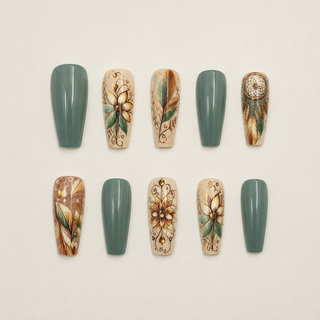 Earthy Sage & Dreamcatcher Feather Coffin Press-On Nails flat lay