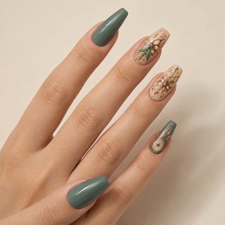 Earthy Sage & Dreamcatcher Feather Coffin Press-On Nails worn on hand
