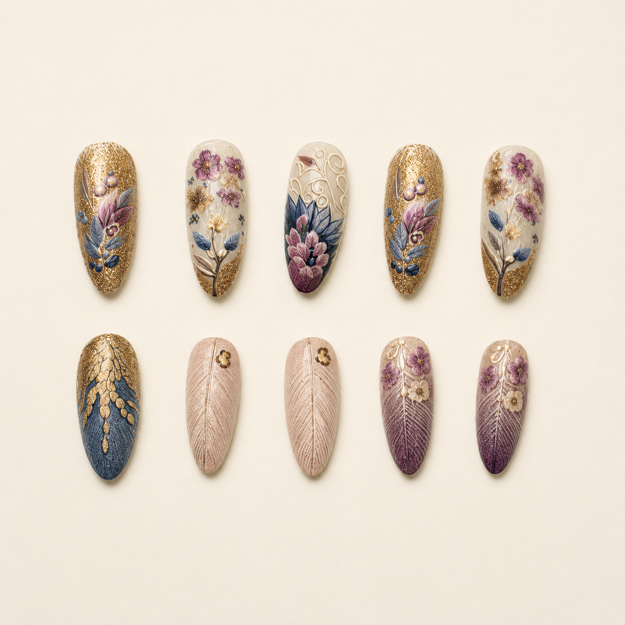 Gilded Tapestry & Textured Feather Almond Press-On Nails flat lay