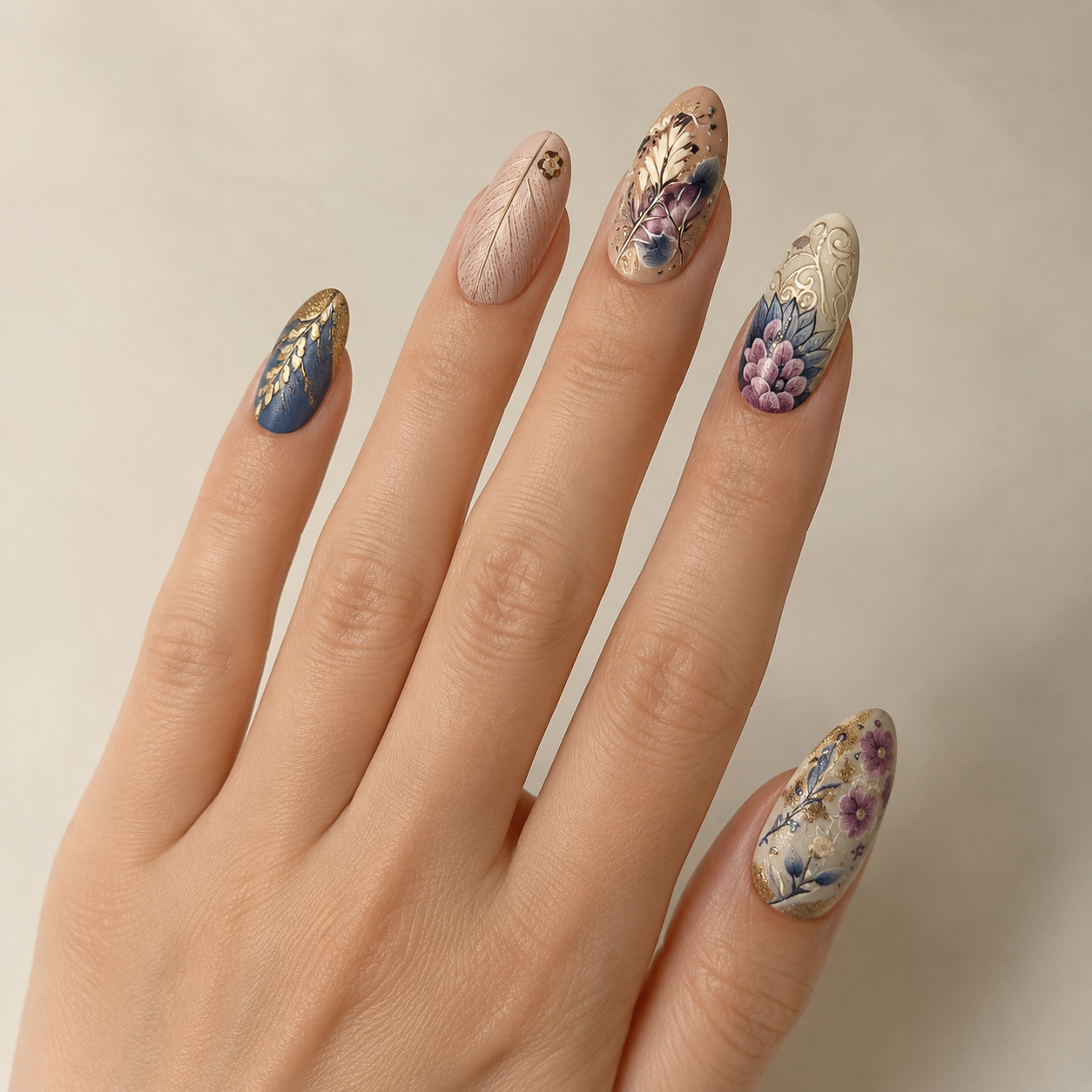 Gilded Tapestry & Textured Feather Almond Press-On Nails worn on hand