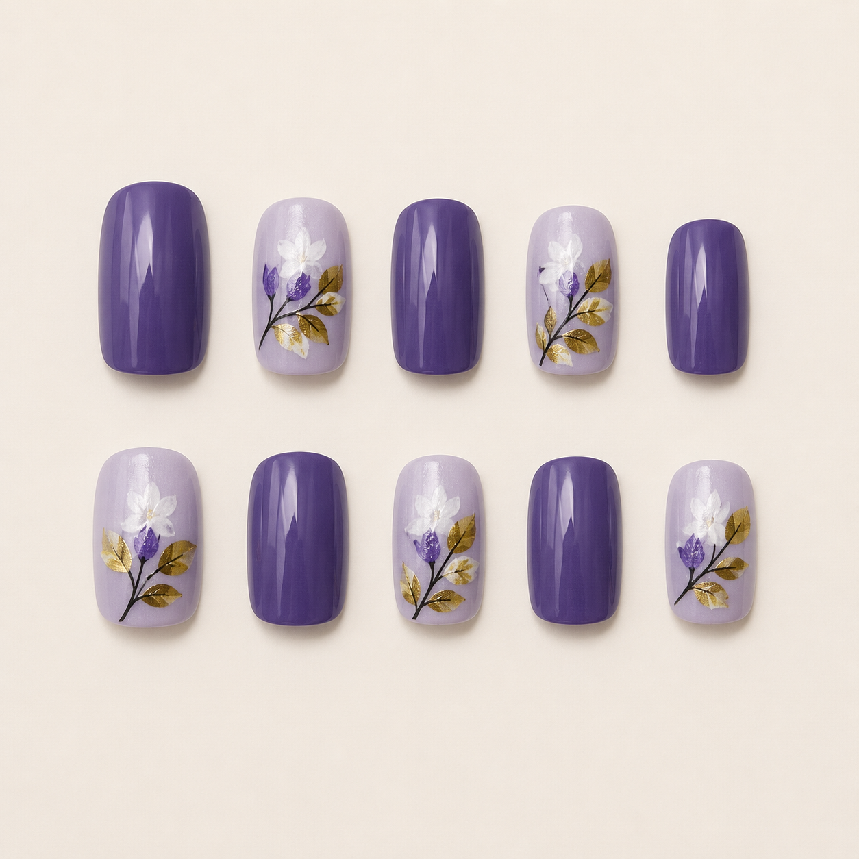 Lavender Garden & Metallic Gold Leaf Short Square Press-On Nails flat lay