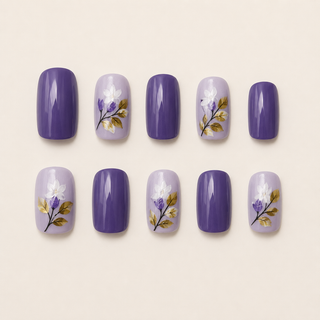 Lavender Garden & Metallic Gold Leaf Short Square Press-On Nails flat lay