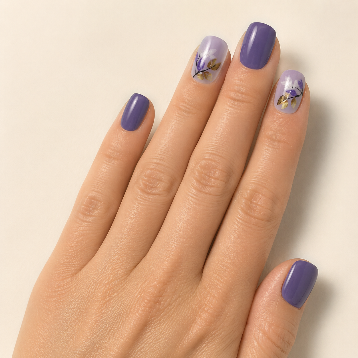 Lavender Garden & Metallic Gold Leaf Short Square Press-On Nails worn on hand
