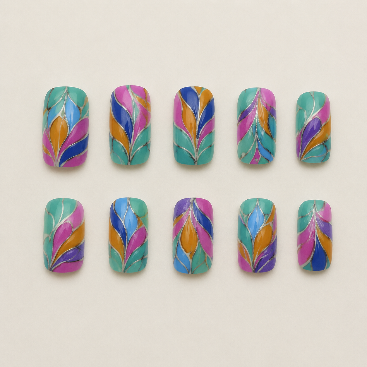 Peacock Plume Water Marble Short Square Press-On Nails flat lay