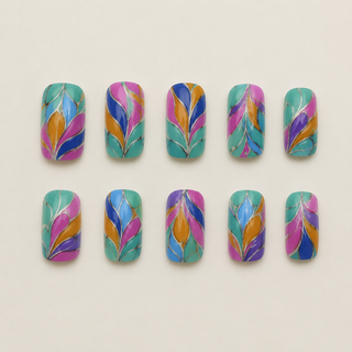 Peacock Plume Water Marble Short Square Press-On Nails flat lay