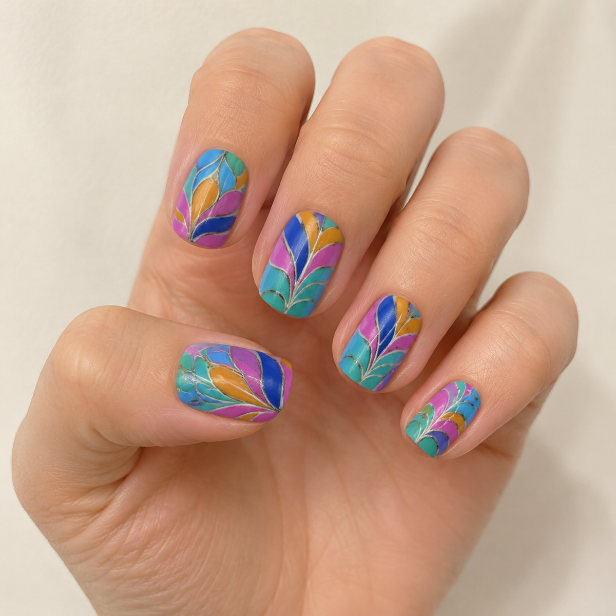 Peacock Plume Water Marble Short Square Press-On Nails worn on hand