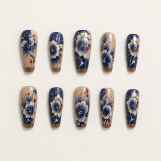 Vintage Indigo Porcelain Floral Medium Coffin Press-On Nails flat lay