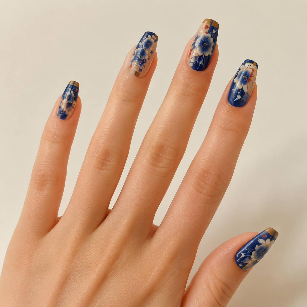 Vintage Indigo Porcelain Floral Medium Coffin Press-On Nails worn on hand