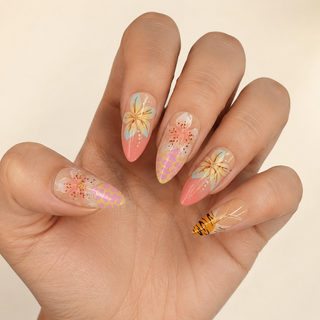 Tropical Sunset Hibiscus & Tiger Print Almond Press-On Nails worn on hand