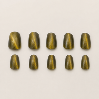 Golden Olive Tiger's Eye Magnetic Almond Press-On Nails flat lay