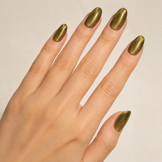 Golden Olive Tiger's Eye Magnetic Almond Press-On Nails worn on hand