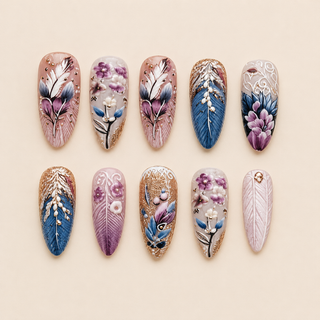 Gilded Tapestry & 3D Carved Feather Almond Press-On Nails flat lay