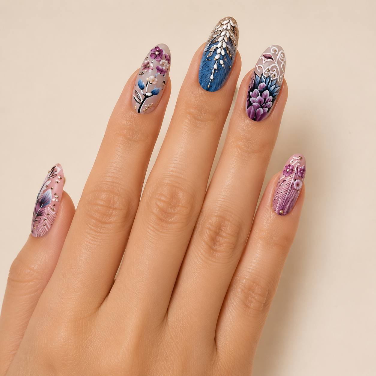 Gilded Tapestry & 3D Carved Feather Almond Press-On Nails worn on hand