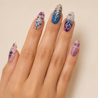 Gilded Tapestry & 3D Carved Feather Almond Press-On Nails worn on hand