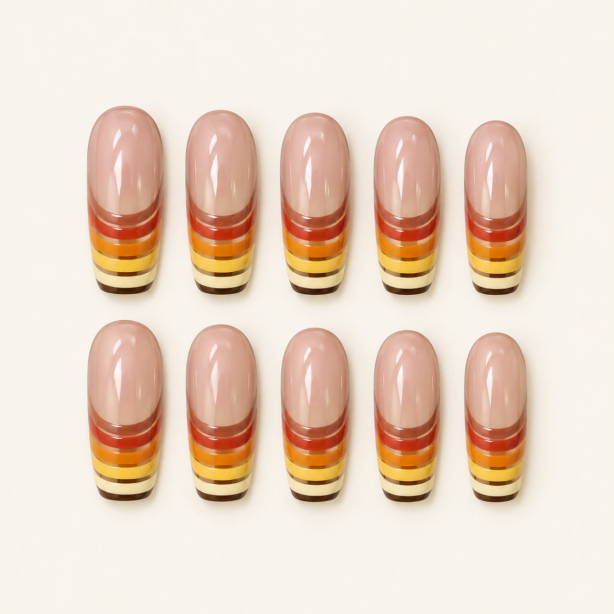 70s Retro Sunset Striped French Oval Almond Press-On Nails flat lay
