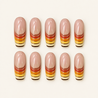 70s Retro Sunset Striped French Oval Almond Press-On Nails flat lay