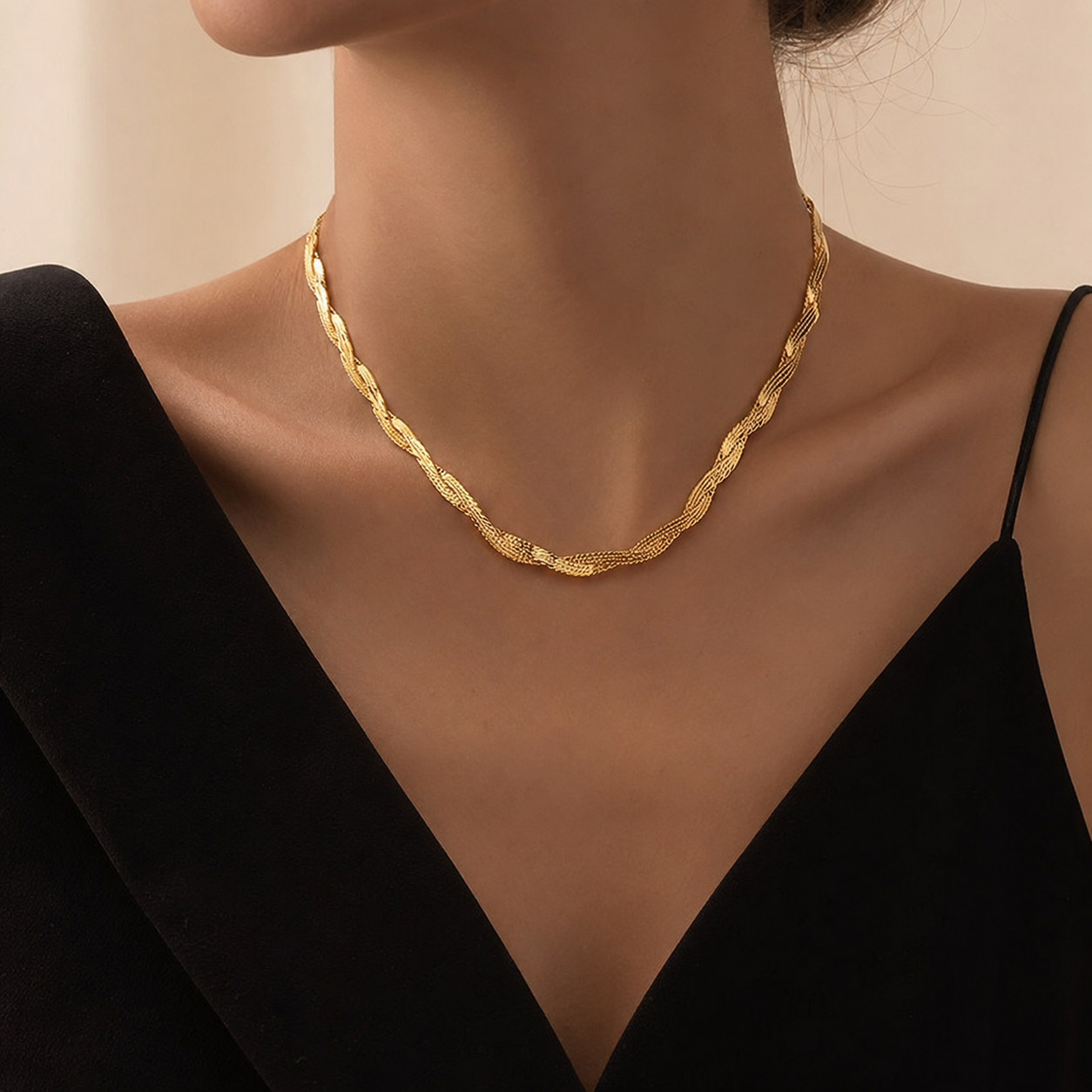 Model wearing Double-Layer Woven Gold Chain Necklace