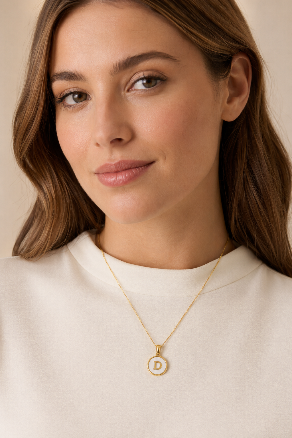 Model wearing Shell Initial Gold Pendant Necklace – D