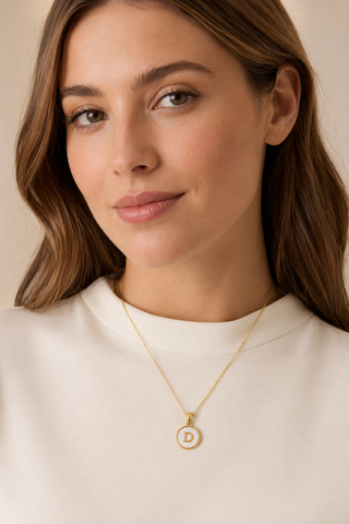 Model wearing Shell Initial Gold Pendant Necklace – D