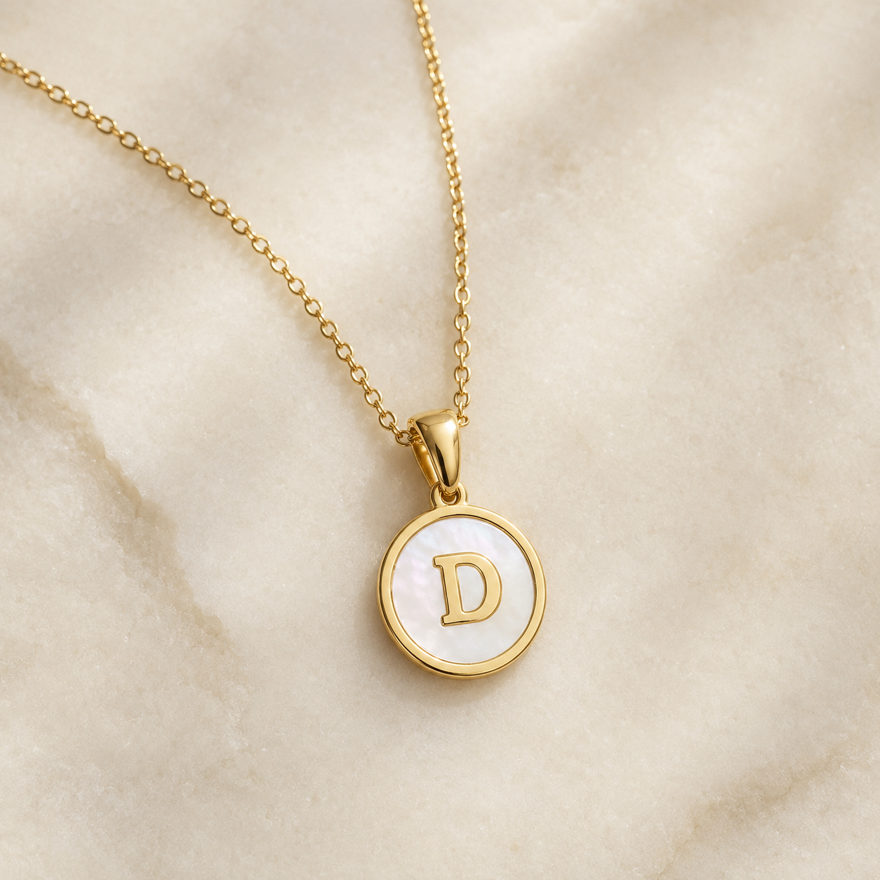 Shell Initial Gold Pendant Necklace – D product view