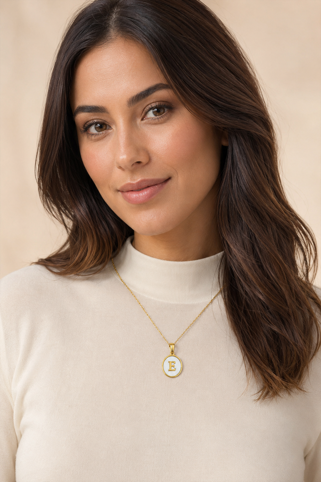 Model wearing Shell Initial Gold Pendant Necklace – E