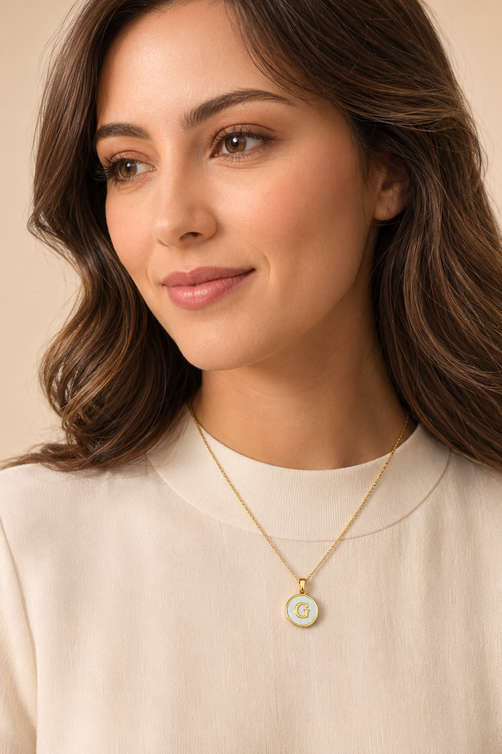Model wearing Shell Initial Gold Pendant Necklace – G