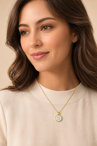 Model wearing Shell Initial Gold Pendant Necklace – G