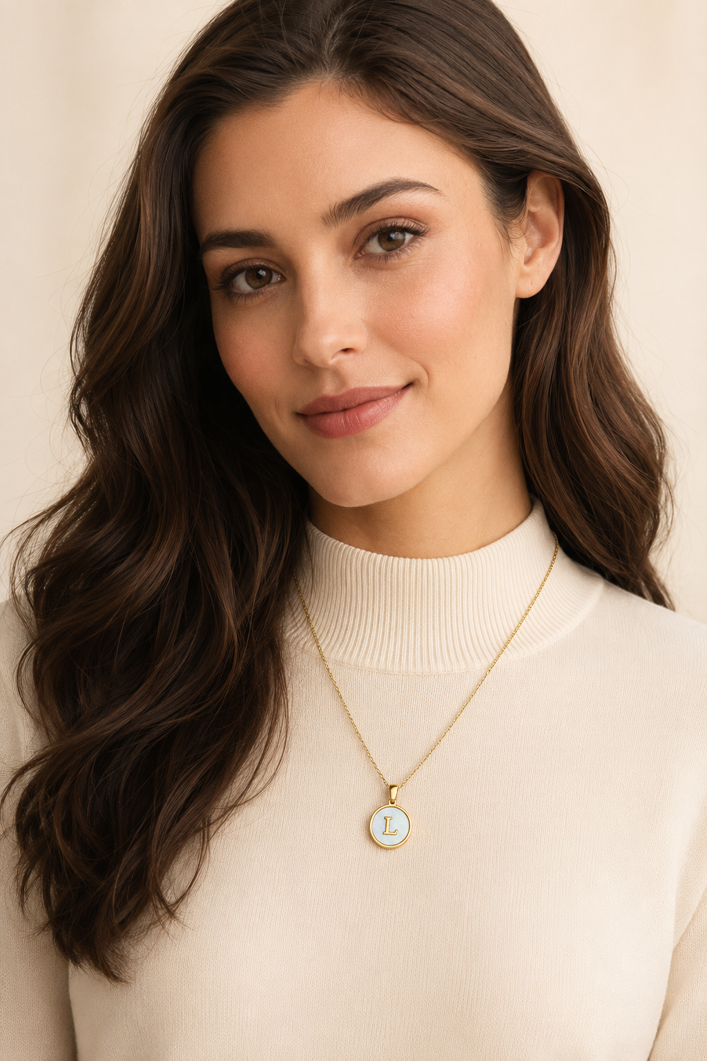 Model wearing Shell Initial Gold Pendant Necklace – L