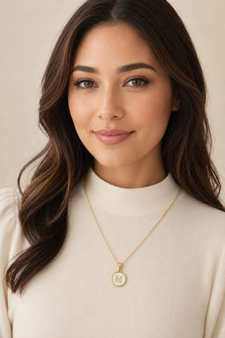 Model wearing Shell Initial Gold Pendant Necklace – M