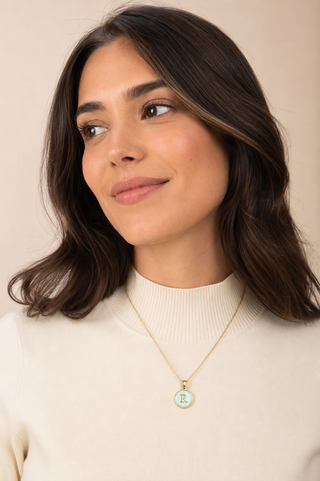 Model wearing Shell Initial Gold Pendant Necklace – R