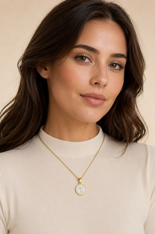 Model wearing Shell Initial Gold Pendant Necklace – T