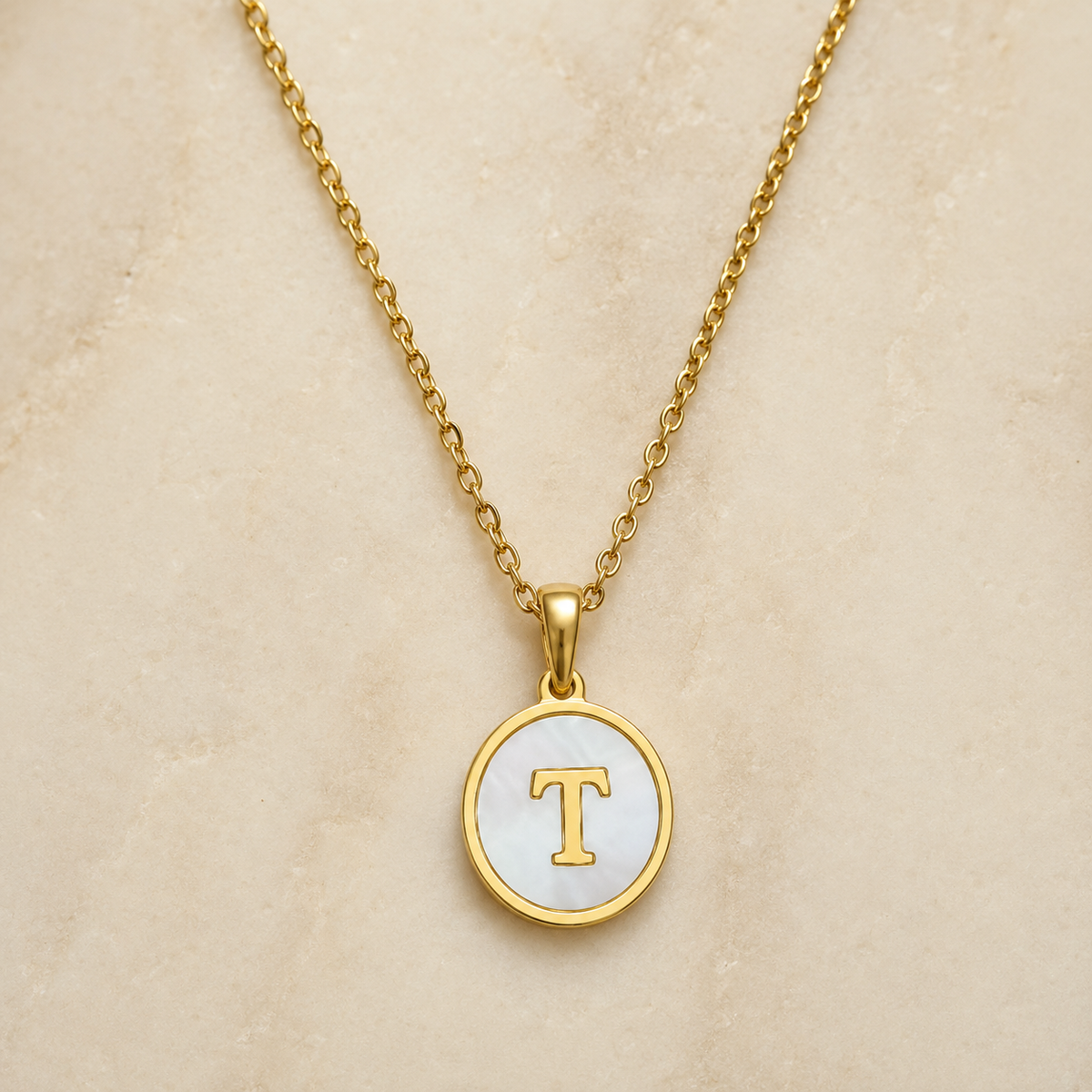 Shell Initial Gold Pendant Necklace – T product view