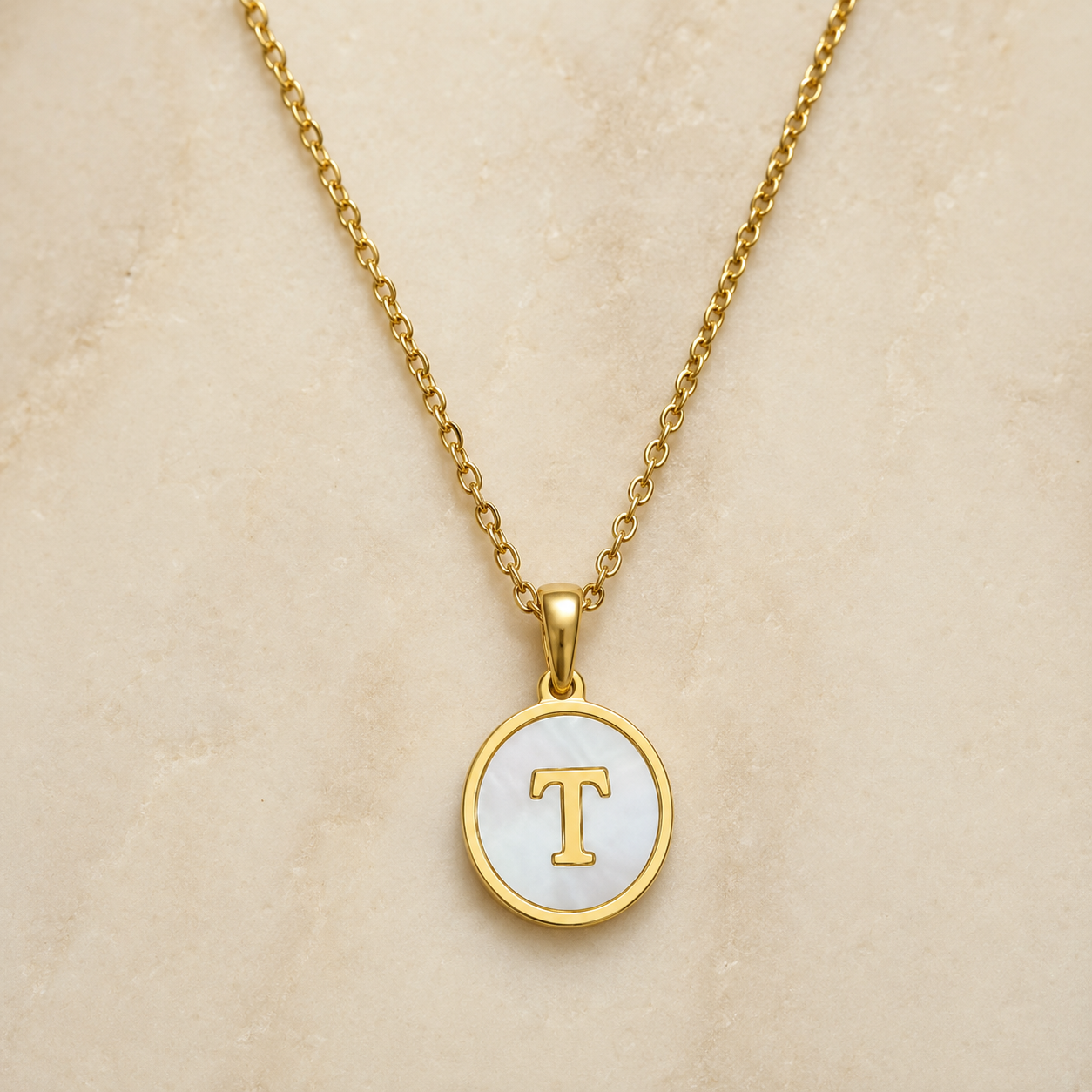 Shell Initial Gold Pendant Necklace – T product view