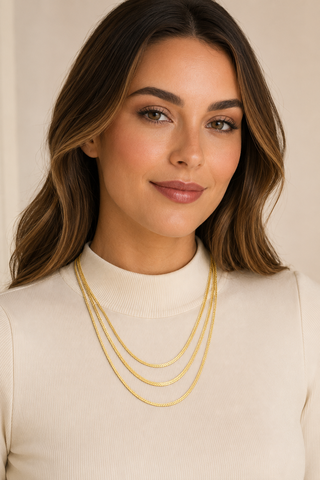 Model wearing Three-Layer Snake Chain Gold Necklace