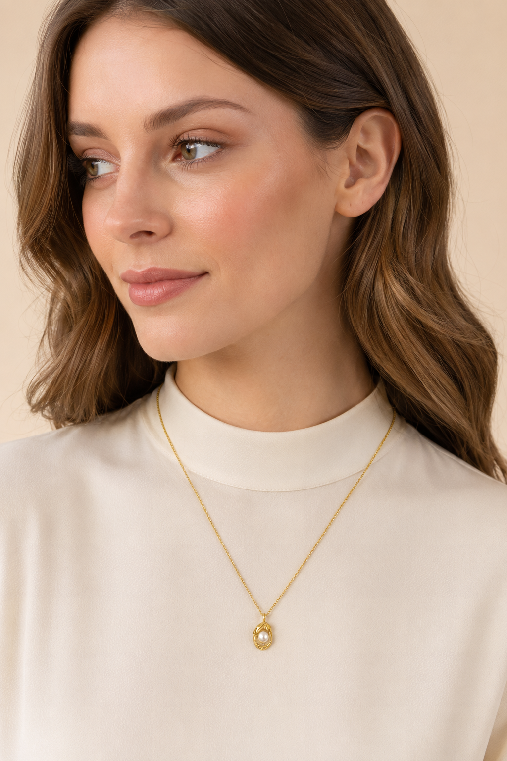 Model wearing Dainty Teardrop Crystal Gold Necklace