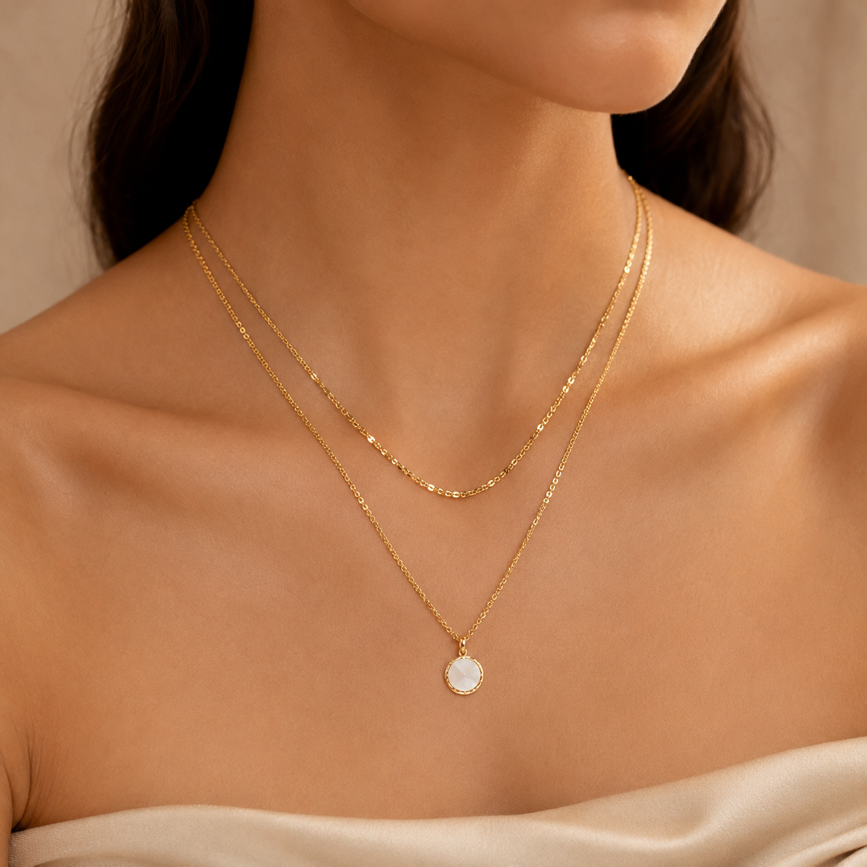 Model wearing Double Shell Disc Gold Necklace
