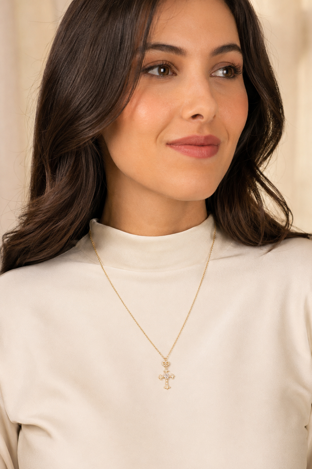 Model wearing Zircon Cross Charm Necklace – Style A2